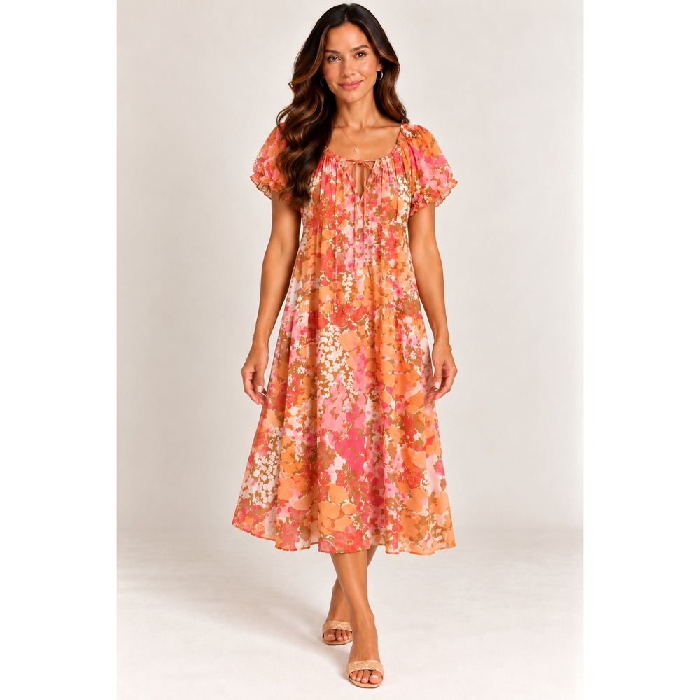 Talbots Woman 100% Silk Floral Midi Dress Orange Pink Boho Cottagecore Size X